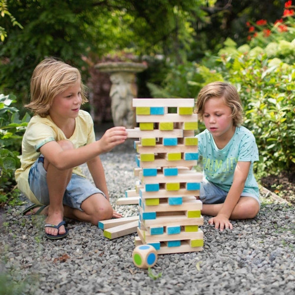 BS Toys Large Tower Wooden Block Stacking Game - Giant Paulownia Wood Blocks, Natural/Blue/Green, 60 Blocks + Color-Coded Die & Cotton Bag, Ages 4+ (GA277)