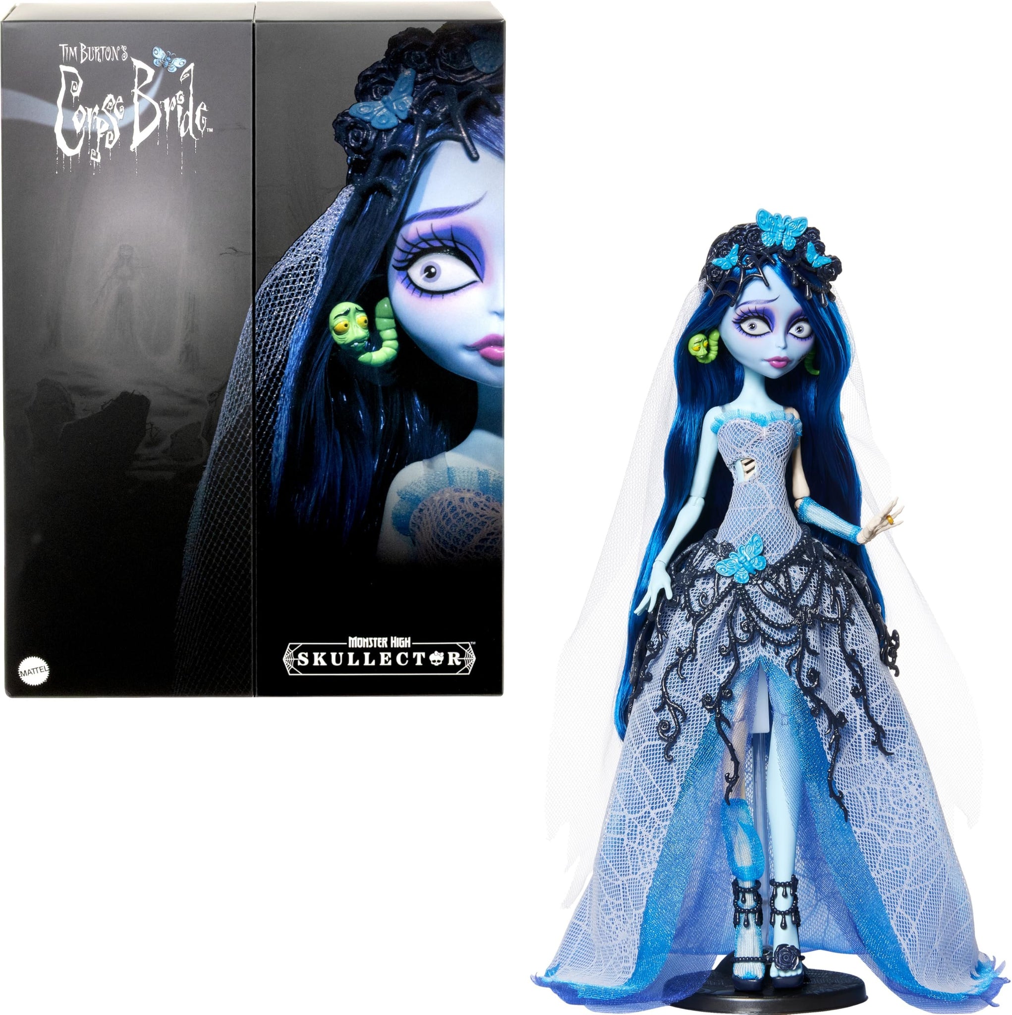 Monster High Skullector Doll, Corpse Bride Emily Collectible in Gothic Spiderweb Wedding Dress with Accessories Like Gauze Veil and Doll Stand