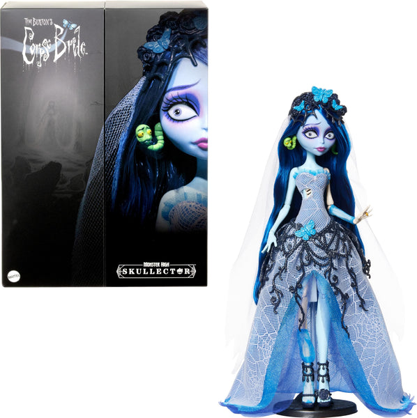 Monster High Skullector Doll, Corpse Bride Emily Collectible in Gothic Spiderweb Wedding Dress with Accessories Like Gauze Veil and Doll Stand