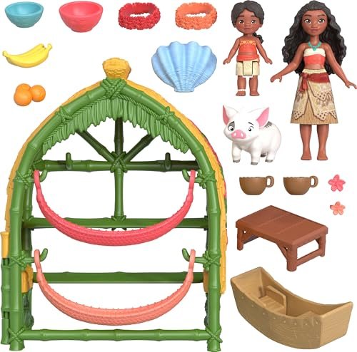 Mattel Disney Moana 2 Toys, Moana & Simea Village Home Playset with 2 Small Dolls, Pua Figure & 15 Accessories