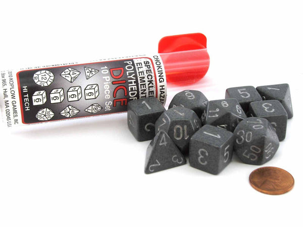 Koplow Games Hi Tech Gray Speckled Elemental Polyhedral Dice Set, 10 Piece RPG Dice Set in Tube, Gray Numbers, Includes D4 D6 D8 D10 D12 D20 and Percentile Die
