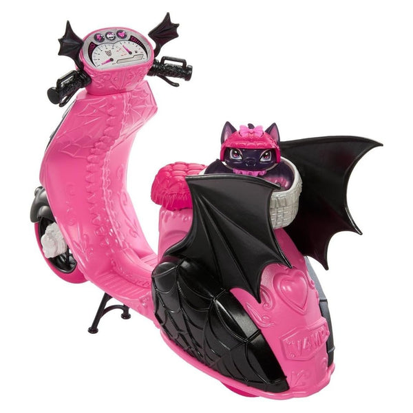 Monster High Draculaura Vamptastic Scooter Doll & Vehicle Playset - 10.5" Fashion Doll with Matching Helmets, Rolling Scooter with Kickstand & Basket, Includes Count Fabulous Pet Bat, Ages 4+