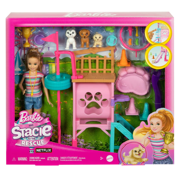 Barbie and Stacie to The Rescue Doll & Playset, Puppy Obstacle Course with Doll, 3 Dog Figures & 18 Accessories