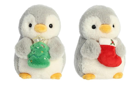 Aurora 8" PomPom Penguin Christmas Plush Bundle – With Stocking (99360) & Christmas Tree (99361), 2-Pack Holiday Collectible Plush Toys