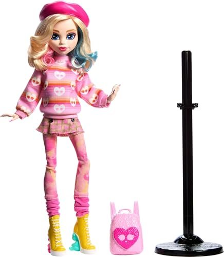 Monster High Wednesday Doll and Accessories, Enid Sinclair Collectible in Pink Fashion with Beret and Backpack, Doll Stand