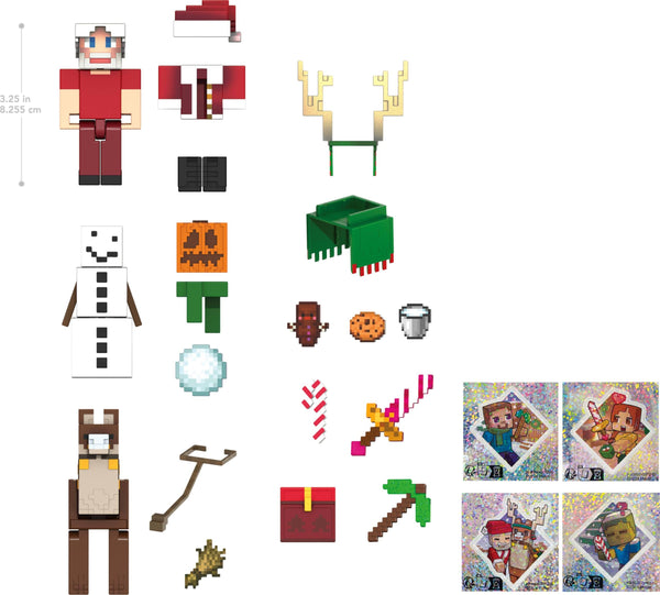 Mattel Minecraft Advent Calendar, 3 3.25-in Scale Action Figures including Santa, 17 Accessories & 4 Stickers, Pixelated Design