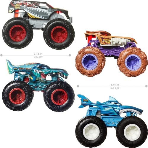 Hot Wheels Monster Trucks Fang Frenzy 4-Pack - Set of 4 Toy Vehicles, Giant Wheels, Favorite Characters, Ages 3+