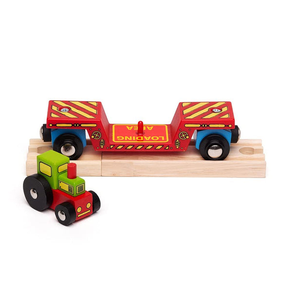 Bigjigs Rail Wooden Train Tractor Low Loader Carriage – Compatible with Other Major Wooden Railway Brands, Magnetic Couplings, Ages 3+
