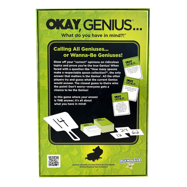 PlayMonster Okay, Genius… What Do You Have in Mind?! – Share Your Opinions on Ridiculous Topics, Funny Family & Friends Party Card Game, 3+ Players, Ages 14+, Includes 300 Prompt Cards & Dry-Erase Board