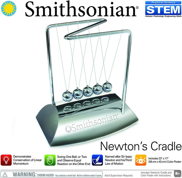 Smithsonian Newton's Cradle Science Activity Set, STEM Momentum and Energy Transfer Demonstration Toy, Newton's Third Law Desk Display for Kids 8+, Classroom and Homeschool Learning
