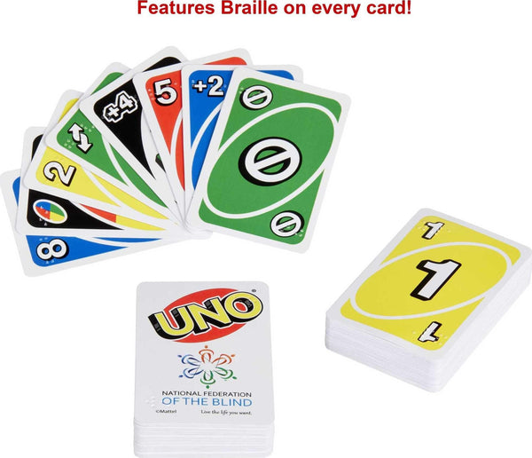 Mattel Games UNO Braille Card Game with Cards Specially Designed for Blind & Low-Vision Players for Kids, Adults, Families & Game Nights, 2-10 Players Ages 7+