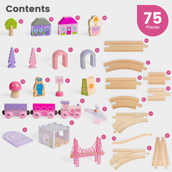 Bigjigs Rail Fairy Town Wooden Train Set – 75-Piece Pastel Wood Railway & Fairytale Village for Kids Age 3+ (Pink Accessories, Houses, Trees & Figures, Educational Gift)