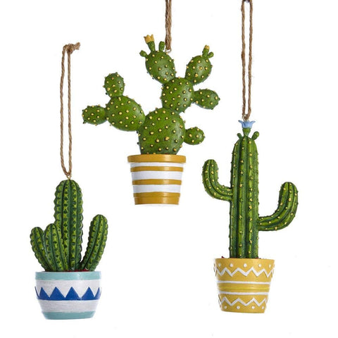 Kurt Adler E0309 Holiday Decorative Cactus in Detailed Designed Pots Hanging Christmas Tree Ornament Set with Twine Rope Hanger (3 Pack)