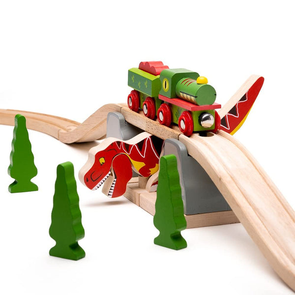 Bigjigs Rail, T-Rex Bursting Bridge, Wooden Toys, Dinosaur Toys, Bigjigs Train Accessories, Dinosaur Track, Wooden Train Sets, Trains for Kids, Bigjigs Trains