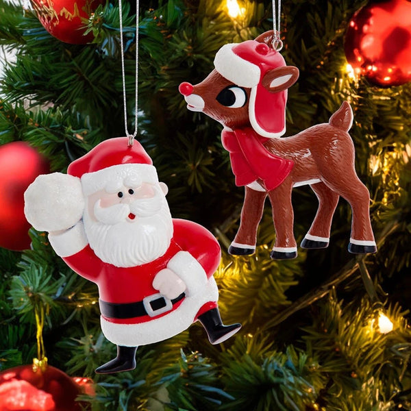 Rudolph and Santa Christmas Ornament Officially Licensed Red Nose Reindeer Classic Character Holiday Christmas Tree Decorations - 2 Piece Set