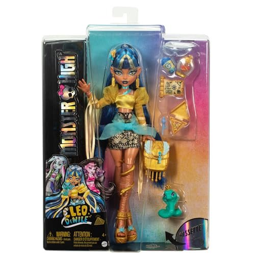Monster High Cleo De Nile Doll in Golden Blouse & Layered Skirt, Includes Pet Cobra Hissette & Accessories Like a Backpack, Snack & Scroll