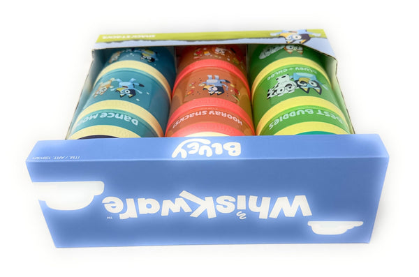 Whiskware Stackable Snack Containers for Kids & Toddlers – 3-Part Portable Snack Stacks with Bluey Design - School & Travel Friendly, BPA-Free Kid Lunch Organizer