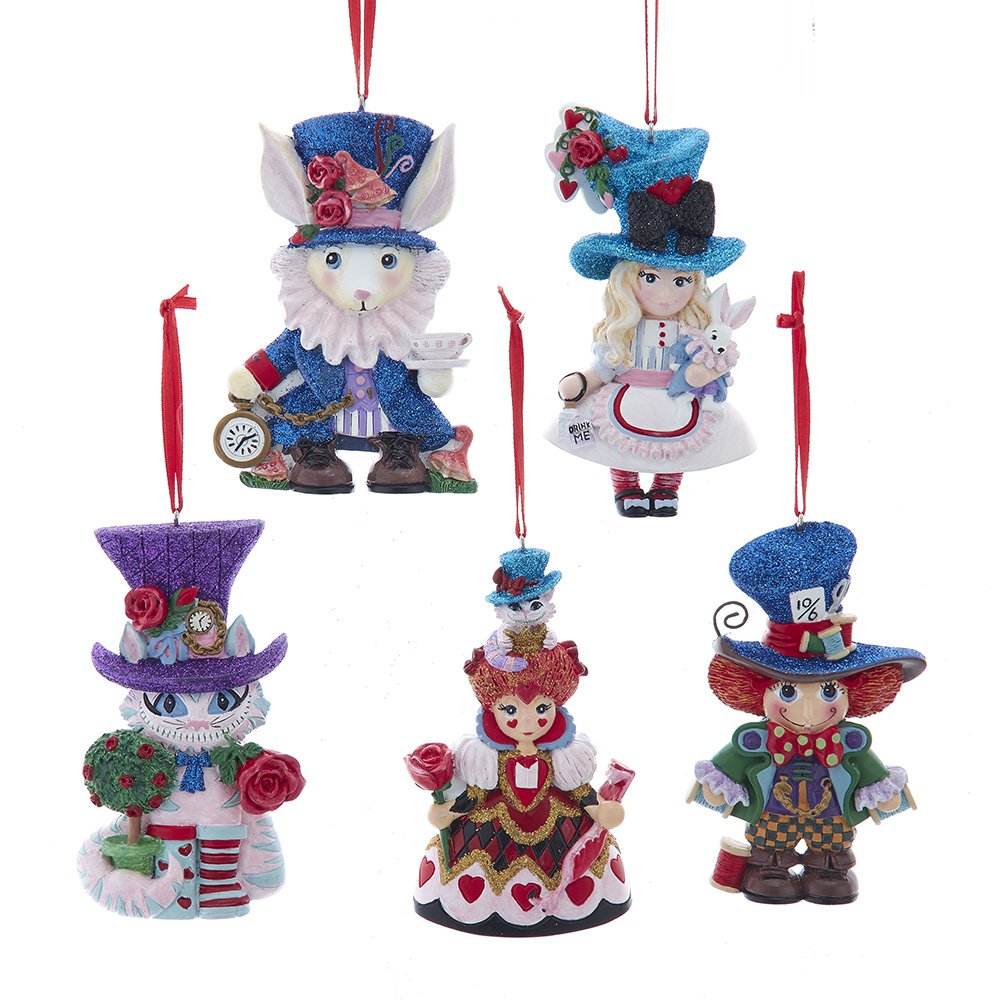 Kurt S. Adler Alice In Wonderland Wooden Character Ornaments, 5-Piece Box Set - Disney Classic Holiday Tree Decor - Ready-to-Gift