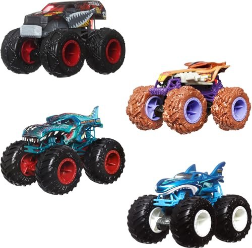 Hot Wheels Monster Trucks Fang Frenzy 4-Pack - Set of 4 Toy Vehicles, Giant Wheels, Favorite Characters, Ages 3+