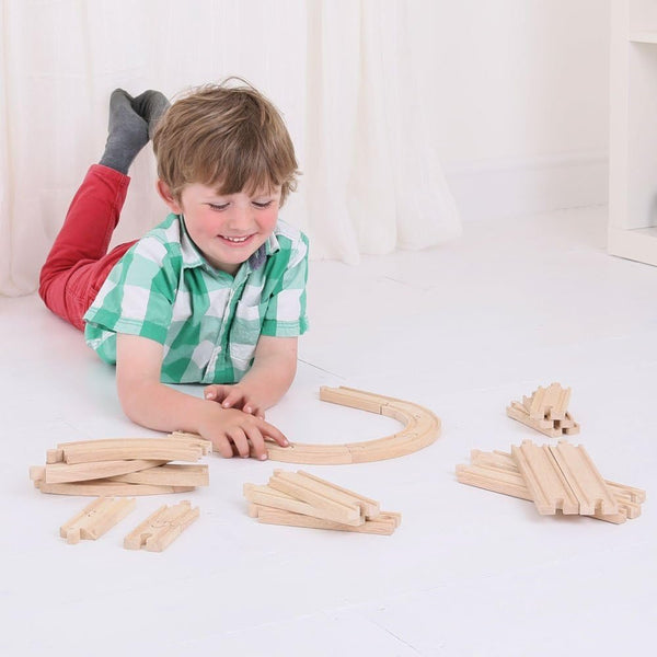 Bigjigs Rail Curves & Straights Expansion Pack - 24-Piece Wooden Train Track Set Compatible With Most Major Rail Brands | Extendable, Durable & Classic Wooden Rail Pieces - Ages 3+