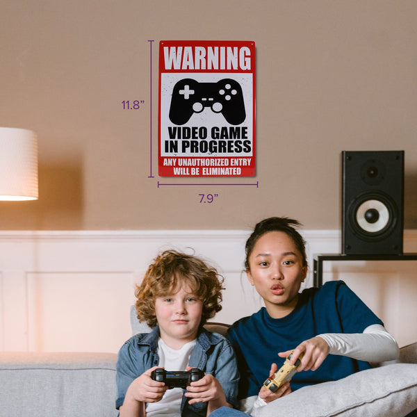 Warning Video Game in Progress - Easy-to-Hang Wall Decor - Fun Tin Signs for Man Cave & Dorm Room - Metal Garage & Man Cave Signs