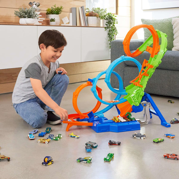 Hot Wheels Let's Race Action 4-Loop Crash-Out Track Set with Motorized Booster & 1:64 Scale Toy Car, Ages 5+