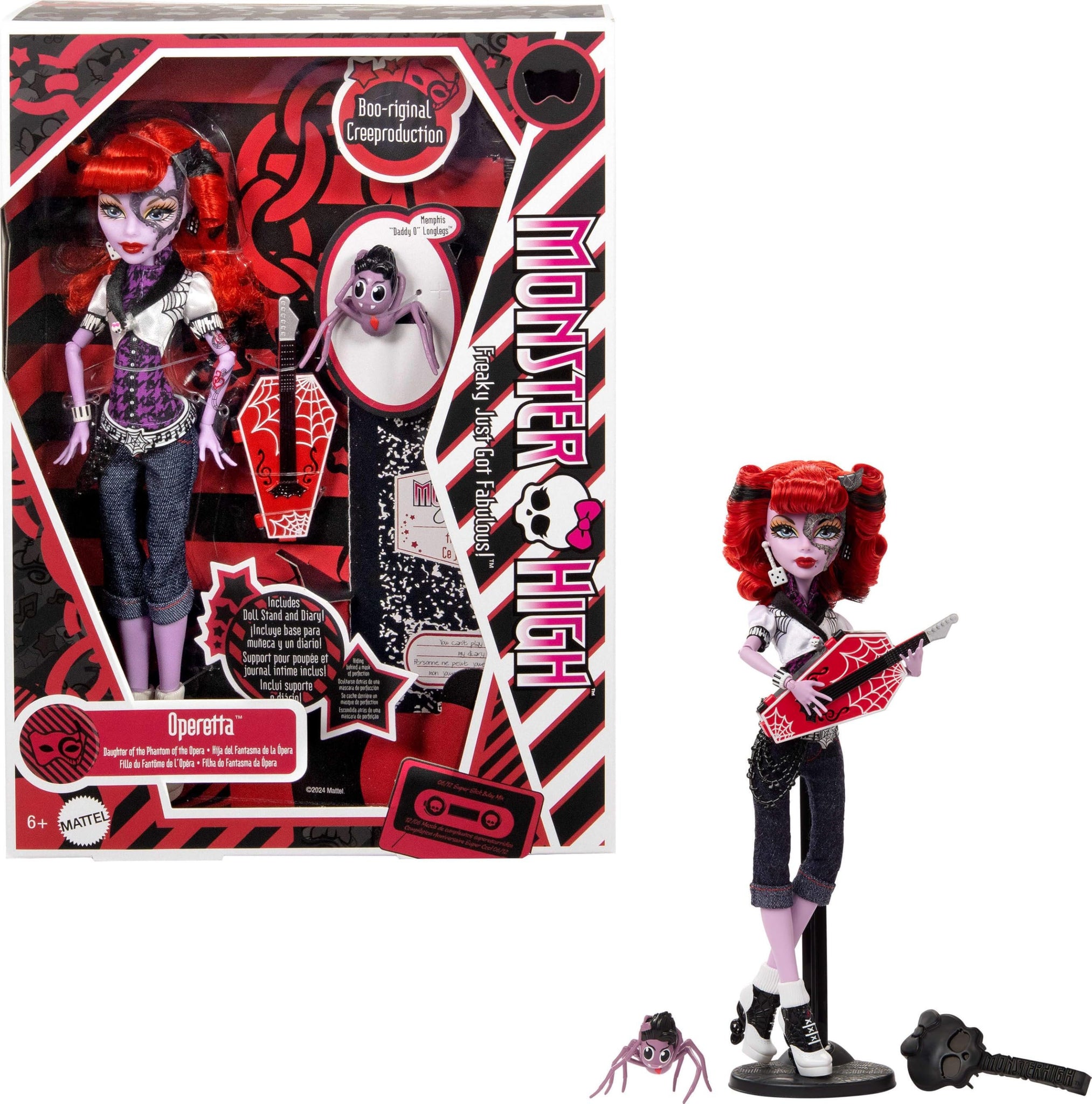 Monster High Boo-riginal Creeproduction Doll, Operetta Collectible Reproduction with Doll Stand, Diary, and Pet Spider Memphis “Daddy O” Longlegs