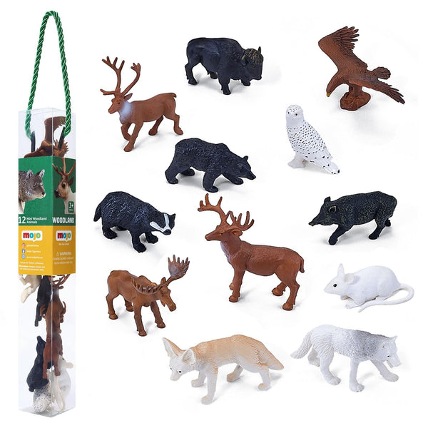 MOJO Mini Woodland Animals Playset, 12 Mini Hand-Painted Wildlife Figures, Realistic North American Forest Animal Figurines, Durable PVC, Ages 3+