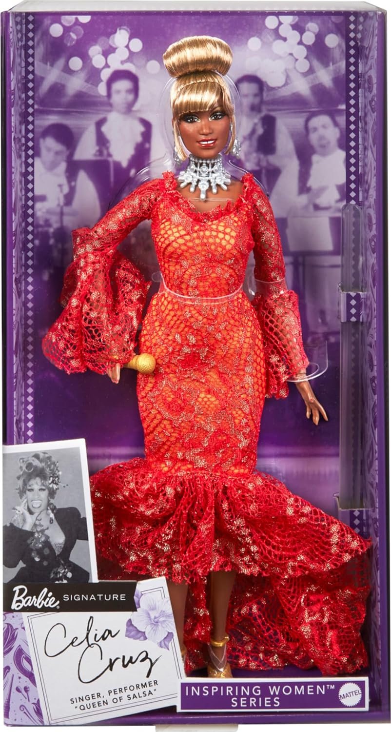 Barbie Inspiring Women Doll, Celia Cruz Queen of Salsa Collectible in Red Lace Dress with Golden Microphone & Doll Stand