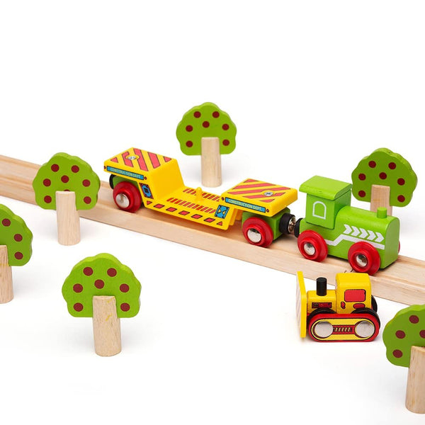 Bigjigs Rail Wooden Bulldozer Low Loader Train Car - Magnetic Construction Toy, Compatible with Most Major Wooden Railway Brands, Includes Detachable Bulldozer & Track Piece, Ages 3+
