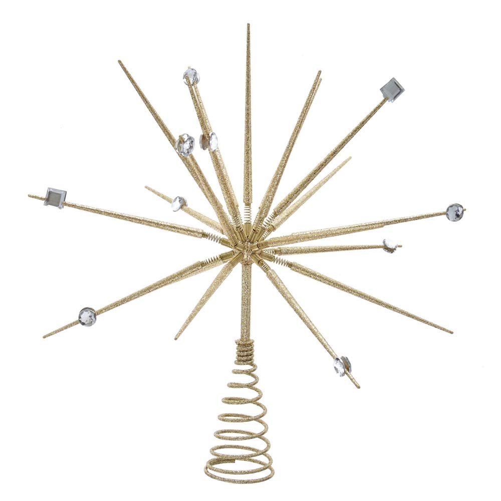Kurt S. Adler 14.8″ Un-Lit Gold Thorn Spring Treetop - Gold Glittered Starburst Tree Topper with Coil Base, Silver & Clear Gem Accents - Christmas Tree Finishing Touch
