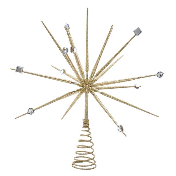 Kurt S. Adler 14.8″ Un-Lit Gold Thorn Spring Treetop - Gold Glittered Starburst Tree Topper with Coil Base, Silver & Clear Gem Accents - Christmas Tree Finishing Touch