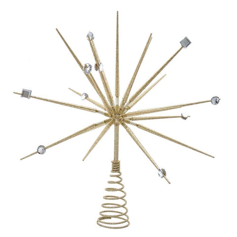 Kurt S. Adler 14.8″ Un-Lit Gold Thorn Spring Treetop - Gold Glittered Starburst Tree Topper with Coil Base, Silver & Clear Gem Accents - Christmas Tree Finishing Touch
