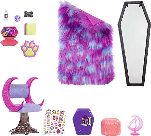 Monster High Clawdeen Wolf Bedroom Playset Toy With Doll House Furniture & Accessories, Spooky Decor & Snacks, Sticker Sheet, Ages 4+