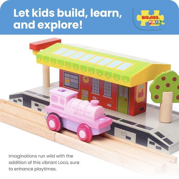 Bigjigs Rail Battery Powered Pink Loco Train | Motorised Engine Accessories for Wooden Railway Track Set | Model Toy Gift for 3+ Year Old Kids | Ideal as an Educational Tool for Children