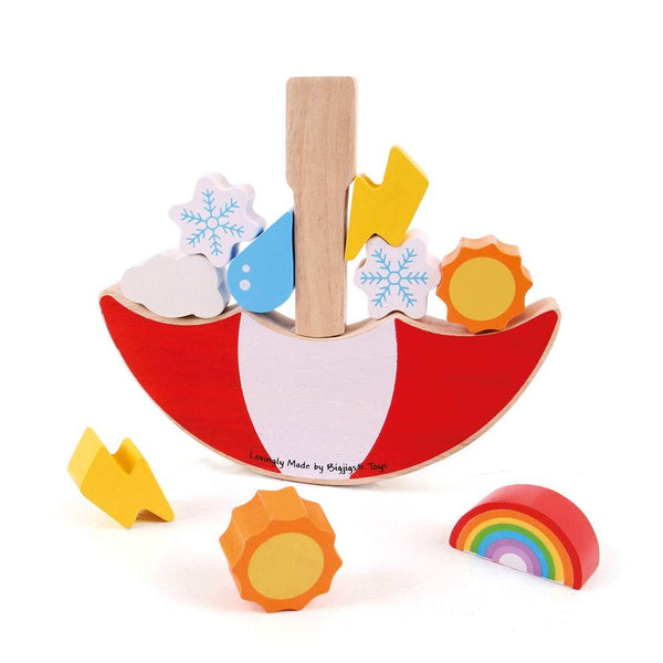 Bigjigs Toys Weather Balancing Game for Toddlers & Kids - Wooden Fine Motor Skills Stack & Balance Game with Rainbow, Sun, Cloud, Snowflake & Lightning Pieces - Ages 2+