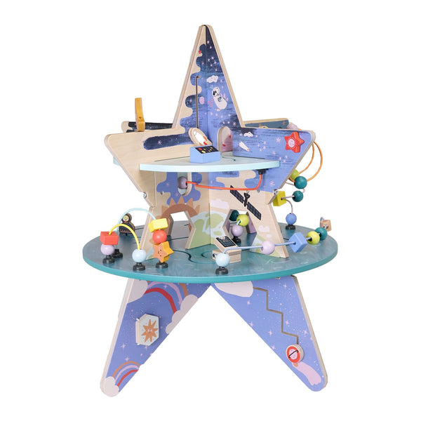 Manhattan Toy Celestial Star Explorer Double-Decker Wooden Activity Center with Shape Gliders, Spinners, Bead Runs and Alluring Artwork