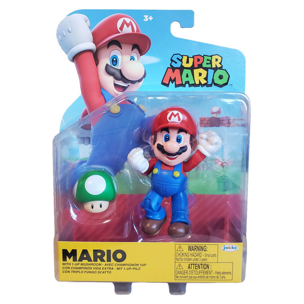 Super Mario 4 Inch Mario Action Figure with 1-Up Mushroom, 11 Points of Articulation, Collectible Nintendo Toy, Ages 3+