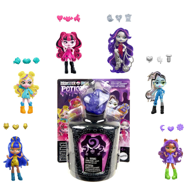 Monster High Potions Mini Dolls and Accessories, Surprise 3-inch Character Figures in Display Bottle with Water Reveal & Charms (Characters May Vary)