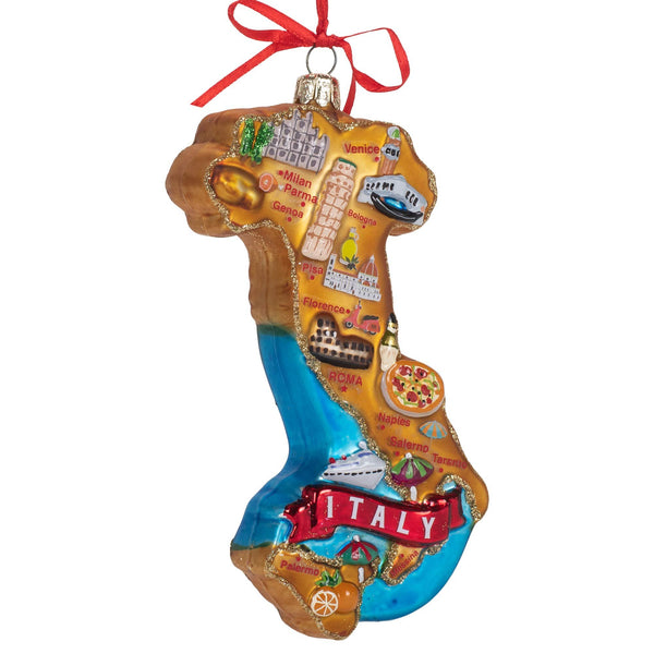 Kurt S. Adler 5.5-Inch Italy Map Glass Christmas Ornament with Red Ribbon