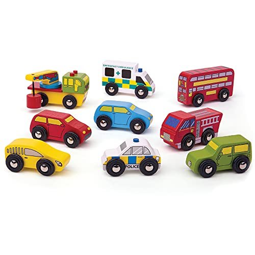 Bigjigs Rail Wooden Vehicle Pack - 9-Piece Wooden Train Accessory Set with Cars, Emergency Vehicles, Bus & Magnetic Tow Truck - Compatible with Bigjigs & Most Wooden Railway Sets, Ages 3+