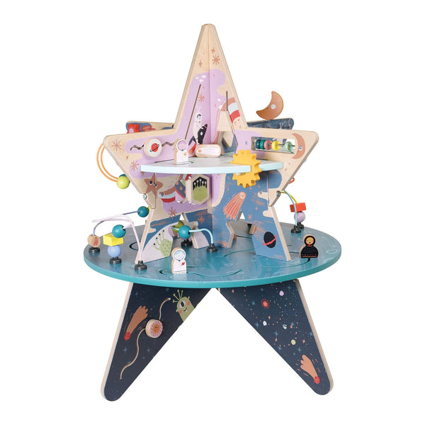 Manhattan Toy Celestial Star Explorer Double-Decker Wooden Activity Center with Shape Gliders, Spinners, Bead Runs and Alluring Artwork