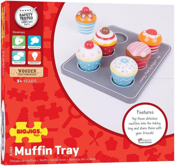 Bigjigs Toys Wooden Cupcakes Muffin Tray – 6 Colorful Wooden Muffins & Serving Tray – Pretend Play Food Set for Kids, Ages 3+