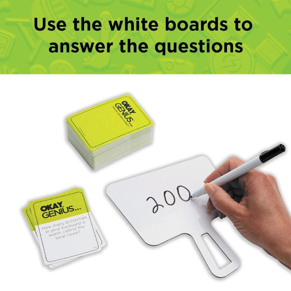 PlayMonster Okay, Genius… What Do You Have in Mind?! – Share Your Opinions on Ridiculous Topics, Funny Family & Friends Party Card Game, 3+ Players, Ages 14+, Includes 300 Prompt Cards & Dry-Erase Board