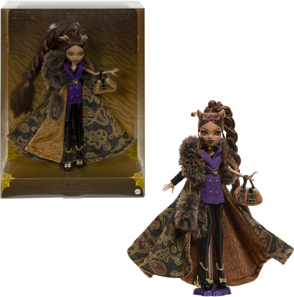 Monster High Doll, Clawdeen Wolf House of Wolf Collectible with Faux Fur Jacquard Coat, Purple Blazer Dress, Pantaboots and Golden Accessories