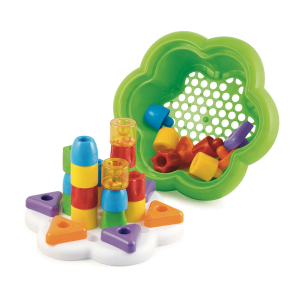 Quercetti Chunky Peggy 28-Piece Peg Blocks Stacking Toy – Jumbo Shape Sorting & Stacking Set for Babies & Toddlers 1+ with Built-in Daisy Basket Storage & 2 Rattles