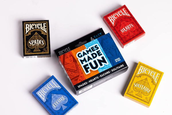 Bicycle 4 Playing Card Games in 1: Euchre, Hearts, Spades, and Solitaire (4 Card Game Pack), 1+ Players