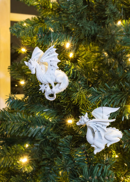 Kurt Adler Silver and White Snowflake Dragon Ornaments Set of 2 New Christmas, 4.5in