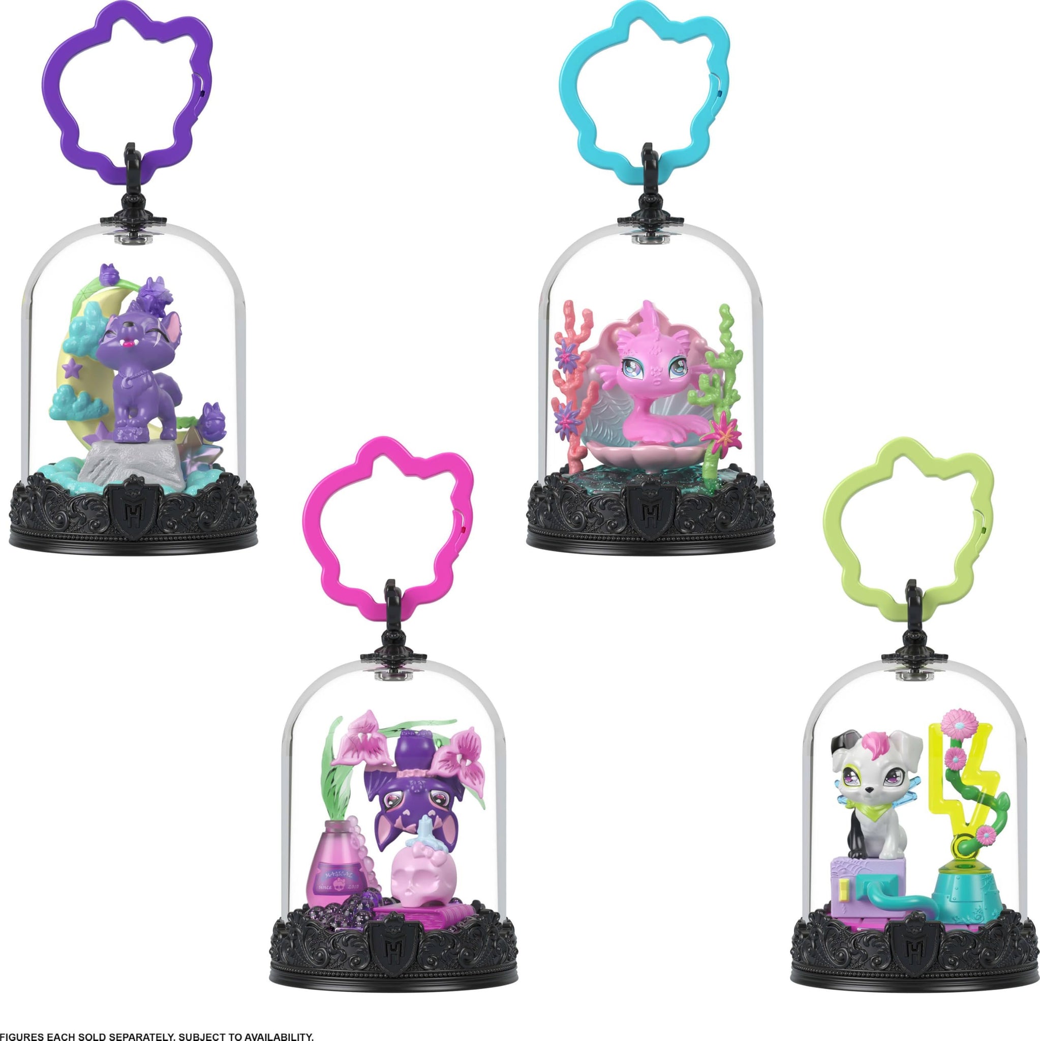 Monster High Pet Keychain with Animal Figures, 1 Bell Jar with Snap and Play Themed Accessories, Buildable Terrariums for On-the-Go Display