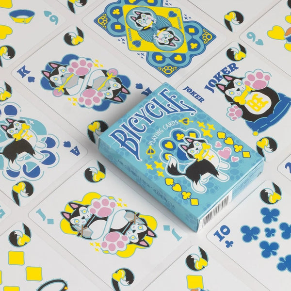 Bicycle Kawaii Dog Playing Cards – Cute Anime Husky Themed Deck with Custom Court Cards & Fluorescent UV Ink, Poker Size, Blue
